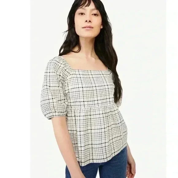 Free Assembly Size XS Ivory Plaid Organic Cotton Women's Puff Sleeve Blouse Top - Picture 1 of 15
